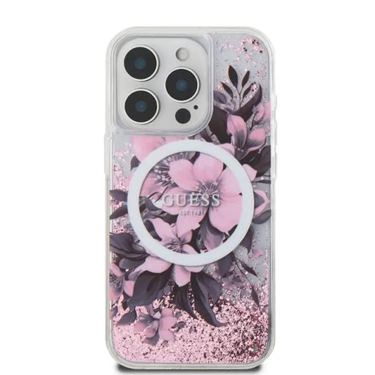 Ovitek MagSafe za Apple iPhone 16, Guess, Liquid Glitter Flower, Roza