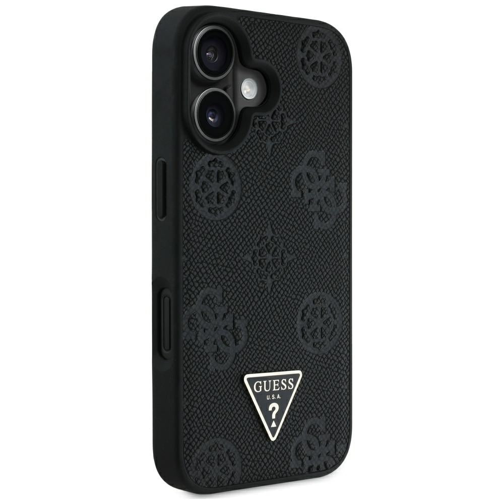 Ovitek MagSafe za Apple iPhone 16, Guess, Peony Grained Hot Stamp Triangle, Črna