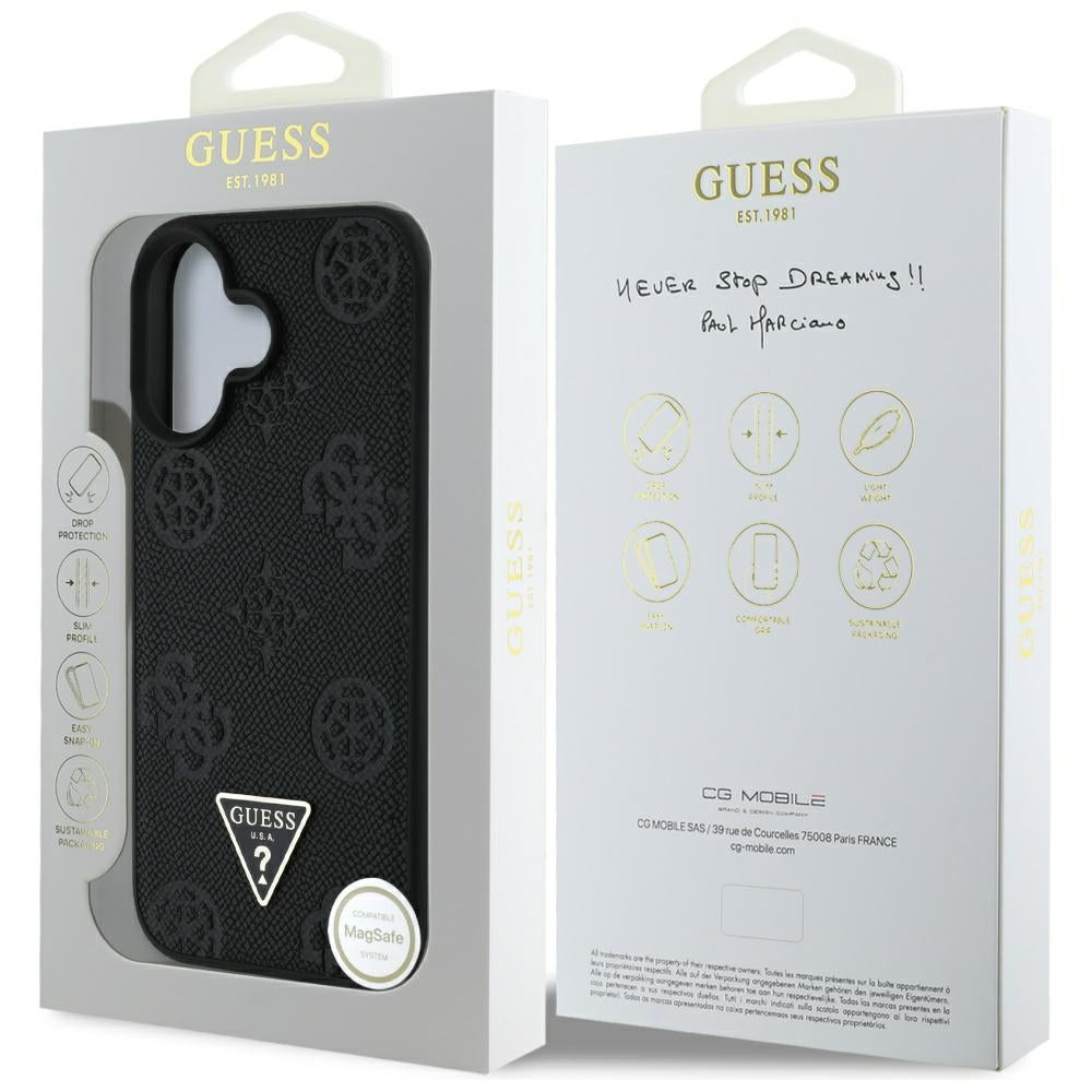 Ovitek MagSafe za Apple iPhone 16, Guess, Peony Grained Hot Stamp Triangle, Črna
