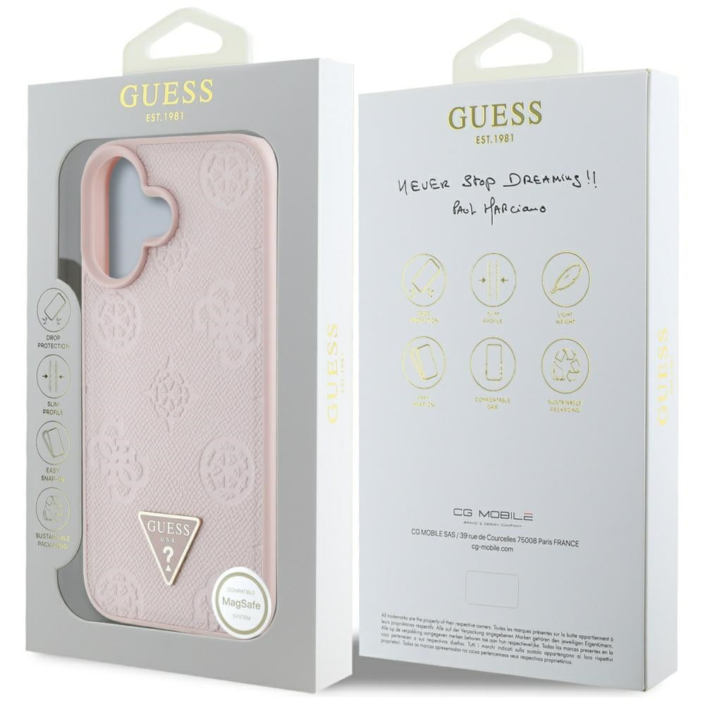 Ovitek MagSafe za Apple iPhone 16, Guess, Peony Grained Hot Stamp Triangle, Roza
