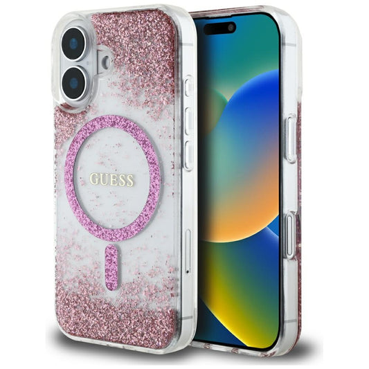 MagSafe ovitek za Apple iPhone 16, Guess, Resin Bottom Glitter, Roza