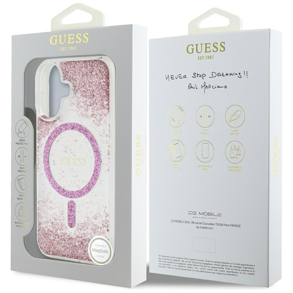 MagSafe Case for Apple iPhone 16, Guess, Resin Bottom Glitter, Pink