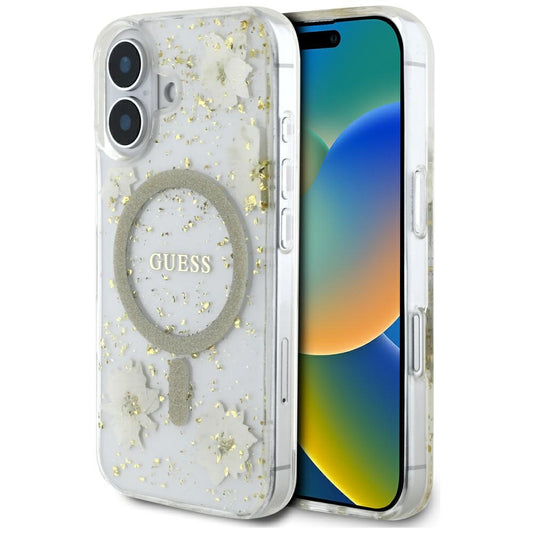 MagSafe ovitek za Apple iPhone 16, Guess, Resin Flowers and Glitter, Bež