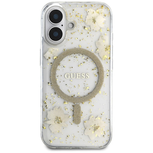 MagSafe ovitek za Apple iPhone 16, Guess, Resin Flowers and Glitter, Bež