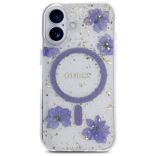 Ovitek MagSafe za Apple iPhone 16, Guess, Resin Flowers and Glitter, Vijolična
