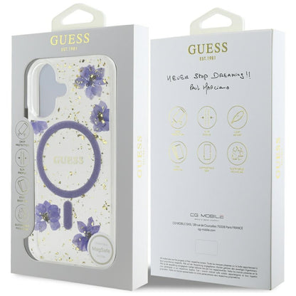 MagSafe Case for Apple iPhone 16, Guess, Resin Flowers and Glitter, Purple