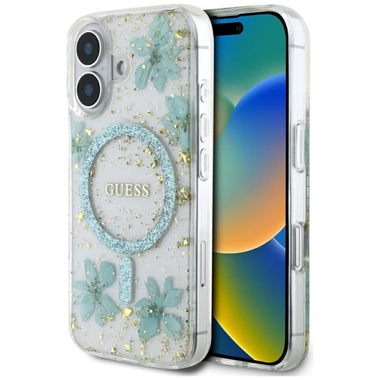 Ovitek MagSafe za Apple iPhone 16, Guess, Resin Flowers and Glitter, Turkizna