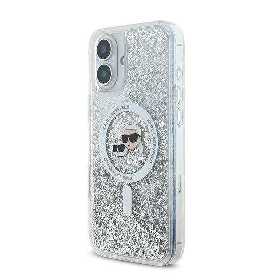Ovitek MagSafe za Apple iPhone 16, Karl Lagerfeld, Glitter Liquid Karl & Choupette's Heads, Prozoren
