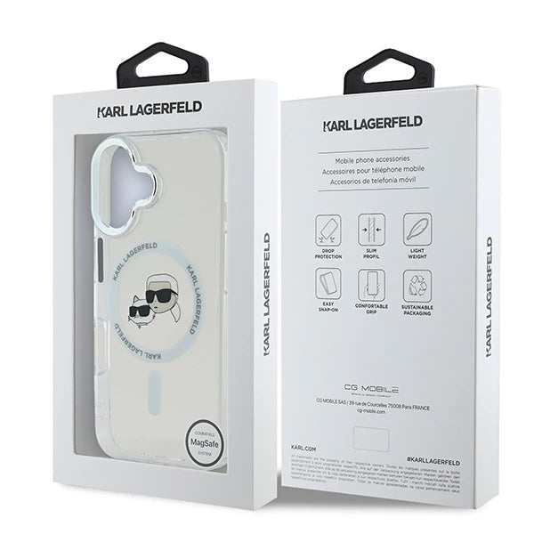 MagSafe Case for Apple iPhone 16, Karl Lagerfeld, IML Metal Karl & Choupette's Heads, White