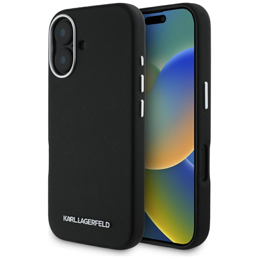 Ovitek MagSafe za Apple iPhone 16, Karl Lagerfeld, Saffiano Full Wrapped Elongated Metal Logo, črn
