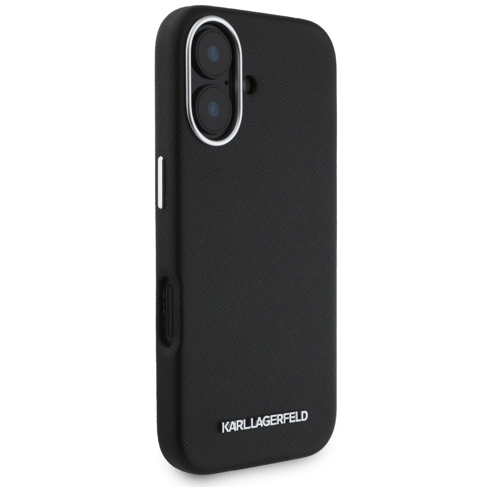 Ovitek MagSafe za Apple iPhone 16, Karl Lagerfeld, Saffiano Full Wrapped Elongated Metal Logo, črn