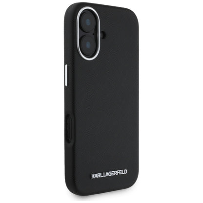 Ovitek MagSafe za Apple iPhone 16, Karl Lagerfeld, Saffiano Full Wrapped Elongated Metal Logo, črn
