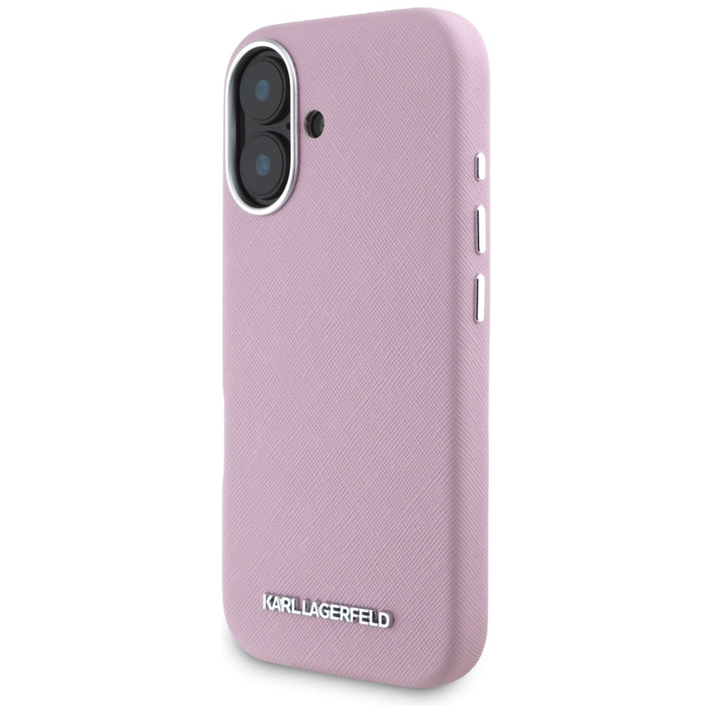Ovitek MagSafe za Apple iPhone 16, Karl Lagerfeld, Saffiano Full Wrapped Elongated Metal Logo, Roza