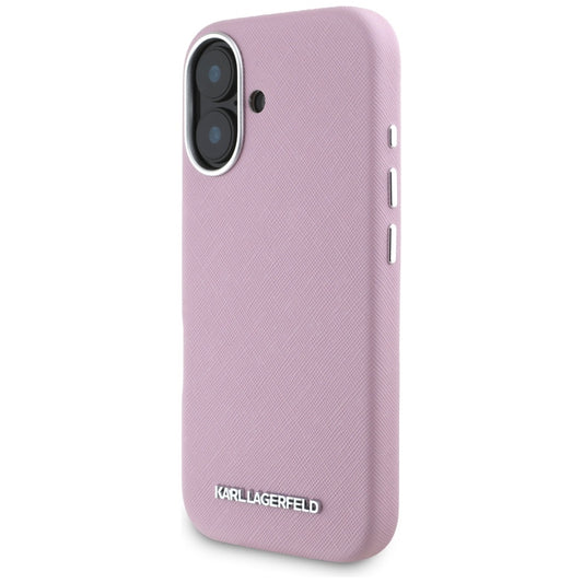 Ovitek MagSafe za Apple iPhone 16, Karl Lagerfeld, Saffiano Full Wrapped Elongated Metal Logo, Roza