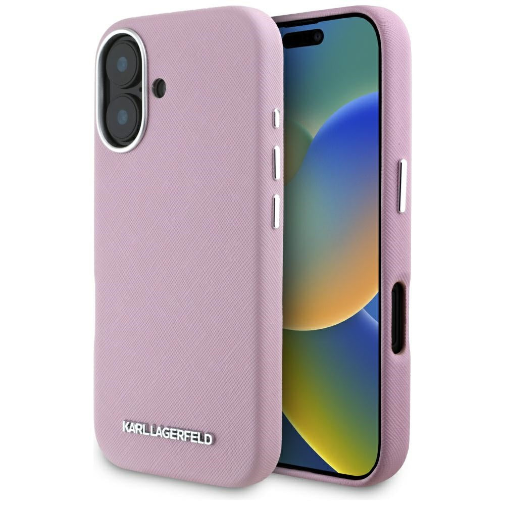 Ovitek MagSafe za Apple iPhone 16, Karl Lagerfeld, Saffiano Full Wrapped Elongated Metal Logo, Roza