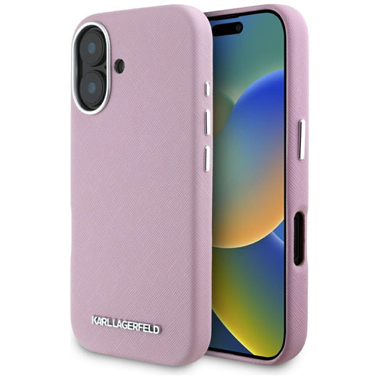 Ovitek MagSafe za Apple iPhone 16, Karl Lagerfeld, Saffiano Full Wrapped Elongated Metal Logo, Roza