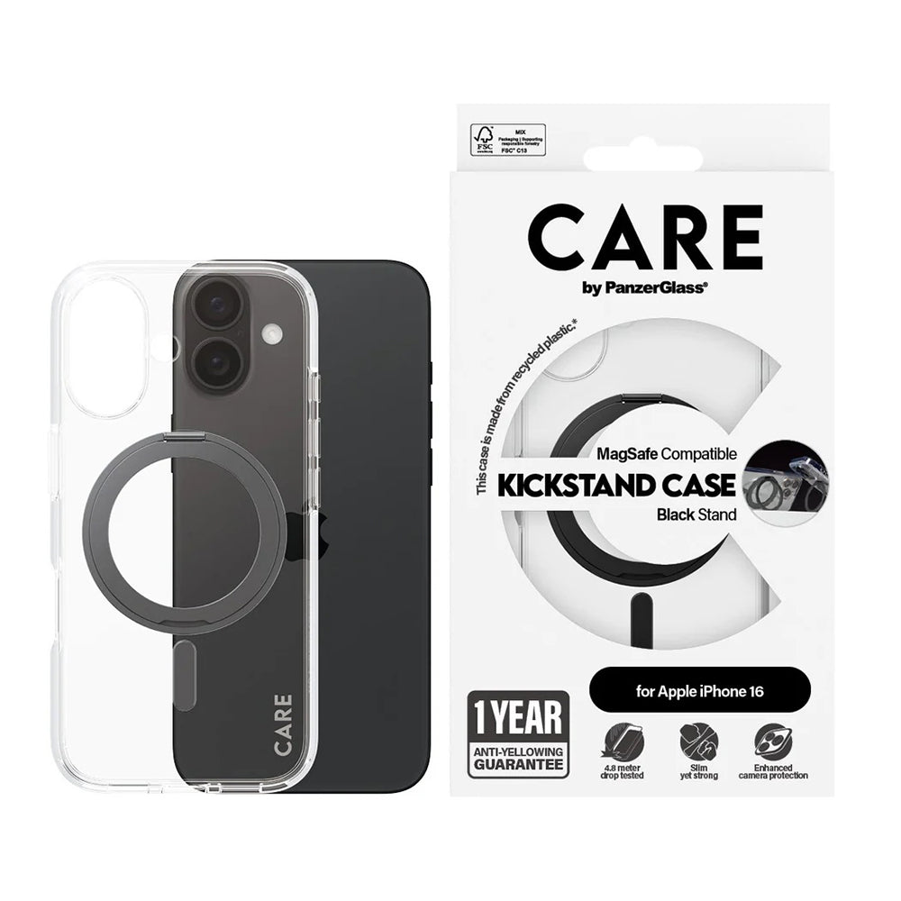 MagSafe Case for Apple iPhone 16, PanzerGlass, Care Feature Kickstand, Black Transparent
