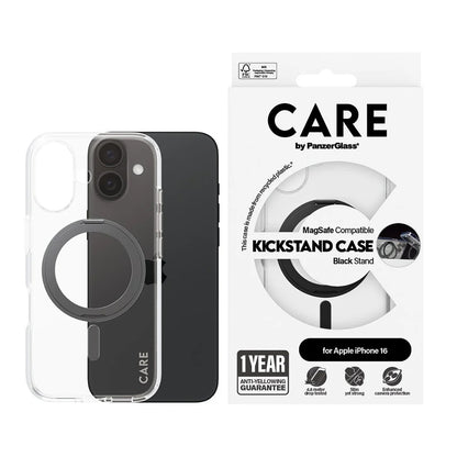 MagSafe Case for Apple iPhone 16, PanzerGlass, Care Feature Kickstand, Black Transparent
