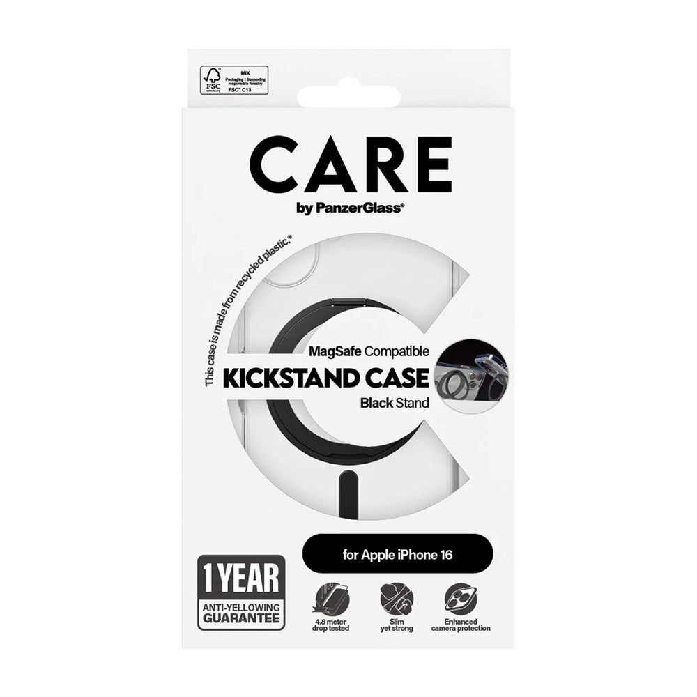 MagSafe Case for Apple iPhone 16, PanzerGlass, Care Feature Kickstand, Black Transparent