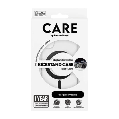 MagSafe Case for Apple iPhone 16, PanzerGlass, Care Feature Kickstand, Black Transparent