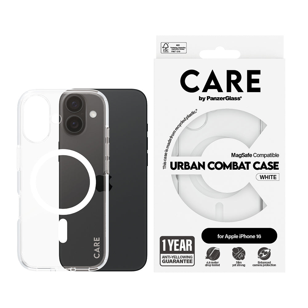 Ovitek MagSafe za Apple iPhone 16, PanzerGlass, Care Urban Combat, Prozorno Bel