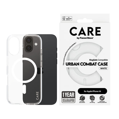 Ovitek MagSafe za Apple iPhone 16, PanzerGlass, Care Urban Combat, Prozorno Bel