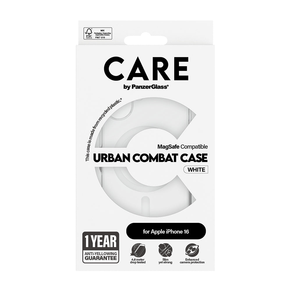 Ovitek MagSafe za Apple iPhone 16, PanzerGlass, Care Urban Combat, Prozorno Bel