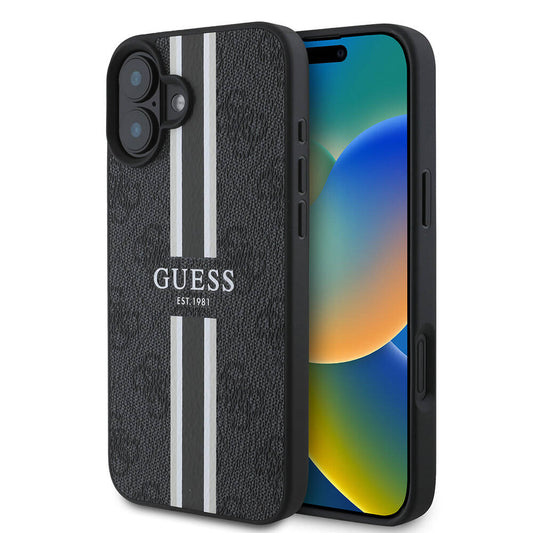 MagSafe ovitek za Apple iPhone 16 Plus, Guess, 4G Printed Stripes, črn