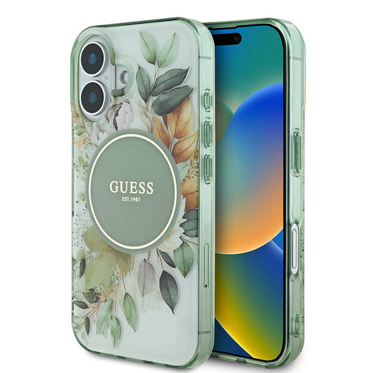 Ovitek MagSafe za Apple iPhone 16 Plus, Guess, IML Flower & Tonal Circle, zelen