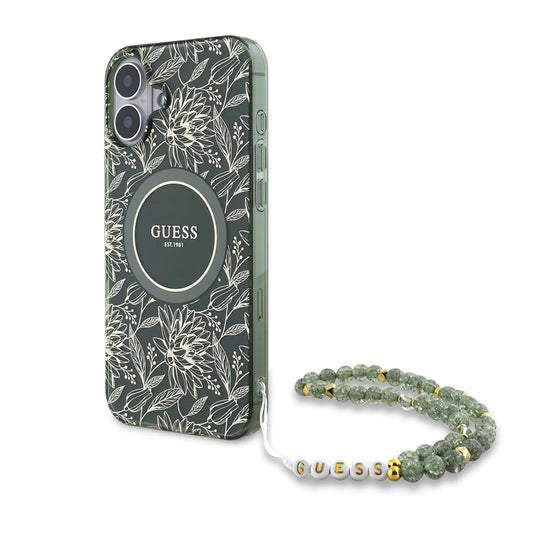 Ovitek MagSafe za Apple iPhone 16 Plus, Guess, IML Flowers Allover Electroplated with Pearl Strap, Zelen
