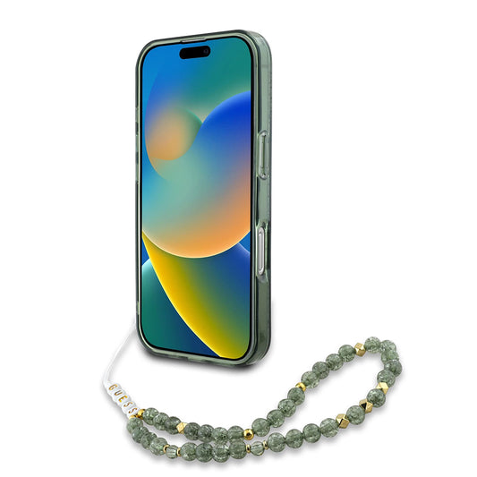 Ovitek MagSafe za Apple iPhone 16 Plus, Guess, IML Flowers Allover Electroplated with Pearl Strap, Zelen