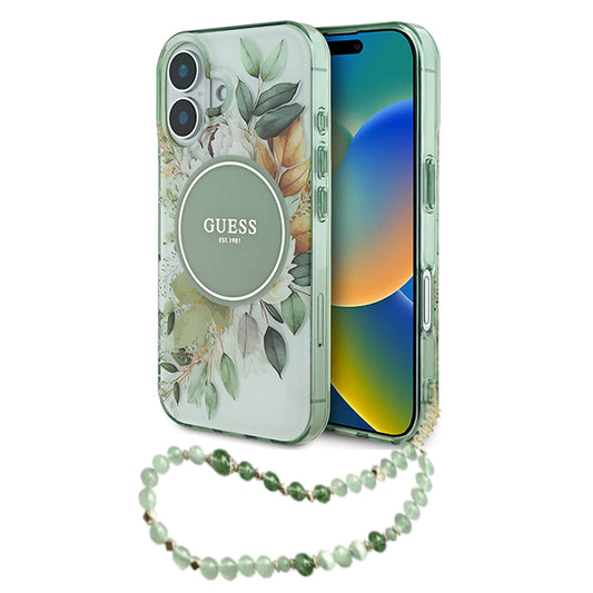 Ovitek MagSafe za Apple iPhone 16 Plus, Guess, IML Flowers with Pearl Strap, Zelen