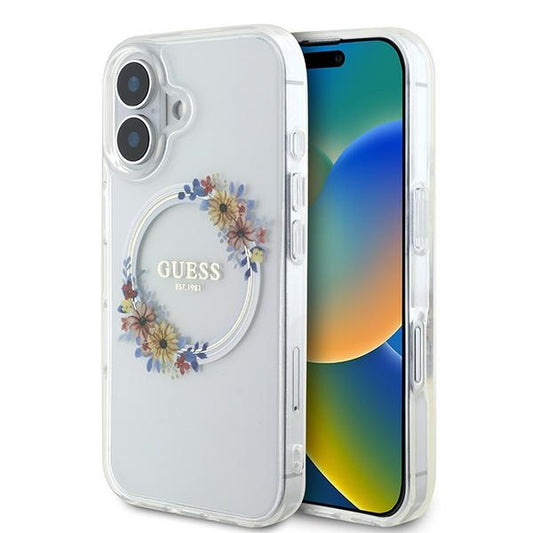 Ovitek MagSafe za Apple iPhone 16 Plus, Guess, IML Flowers Wreath, Prozoren