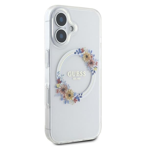 MagSafe Case for Apple iPhone 16 Plus, Guess, IML Flowers Wreath, Transparent