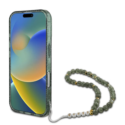 Ovitek MagSafe za Apple iPhone 16 Plus, Guess, IML Glitter with Pearl Strap, Zelen