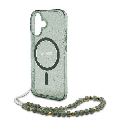 Ovitek MagSafe za Apple iPhone 16 Plus, Guess, IML Glitter with Pearl Strap, Zelen