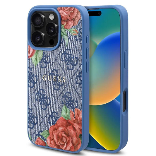 MagSafe ovitek za Apple iPhone 16 Pro, Guess, 4G Flowers Print, Modra