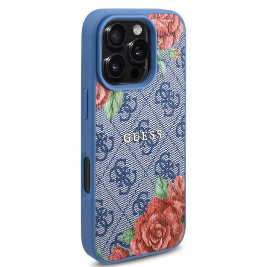 MagSafe ovitek za Apple iPhone 16 Pro, Guess, 4G Flowers Print, Modra