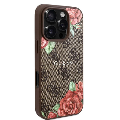 MagSafe ovitek za Apple iPhone 16 Pro, Guess, 4G Flowers Print, rjava