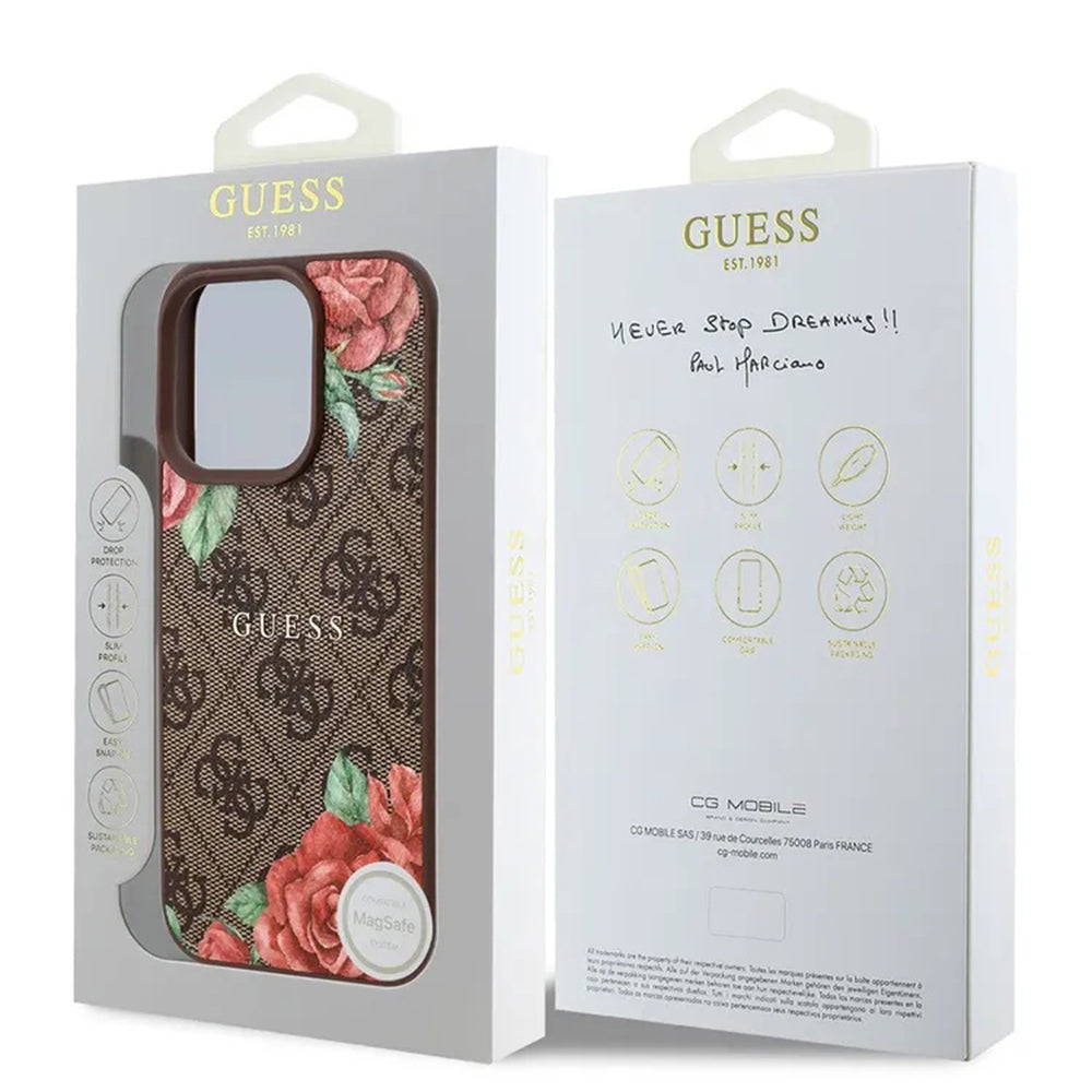 MagSafe ovitek za Apple iPhone 16 Pro, Guess, 4G Flowers Print, rjava