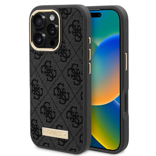 MagSafe ovitek za Apple iPhone 16 Pro, Guess, 4G Logo Plate, črn