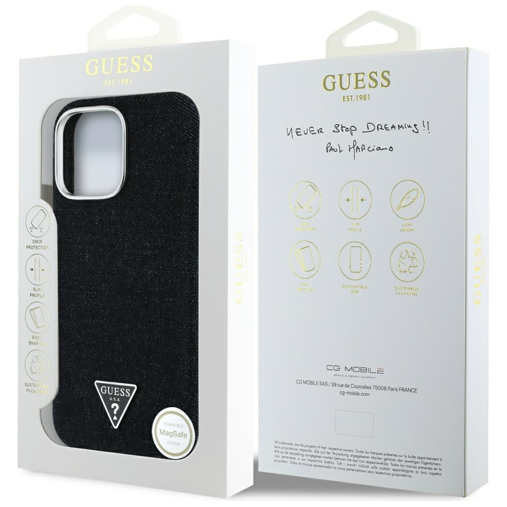 MagSafe Case for Apple iPhone 16 Pro, Guess, Denim Triangle Logo, Black
