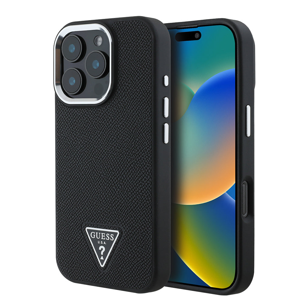 Ovitek MagSafe za Apple iPhone 16 Pro, Guess, Grained Triangle Logo, Črn