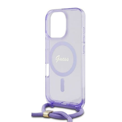 Ovitek MagSafe za Apple iPhone 16 Pro, Guess, IML Crossbody Cord Script, Vijolična