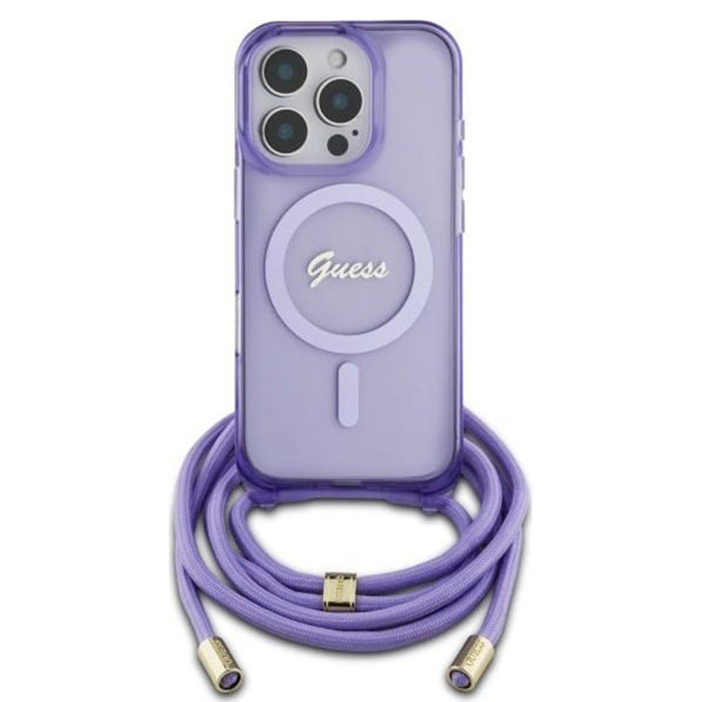 Ovitek MagSafe za Apple iPhone 16 Pro, Guess, IML Crossbody Cord Script, Vijolična