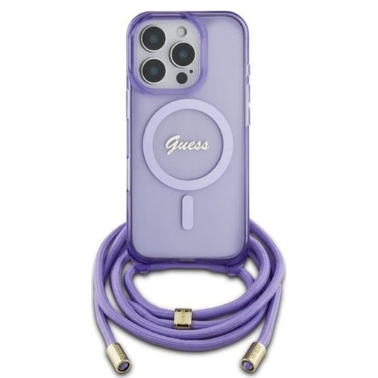 Ovitek MagSafe za Apple iPhone 16 Pro, Guess, IML Crossbody Cord Script, Vijolična