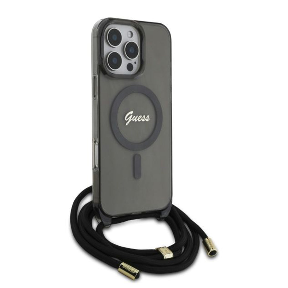 Ovitek MagSafe za Apple iPhone 16 Pro, Guess, IML Crossbody Cord Script, črn