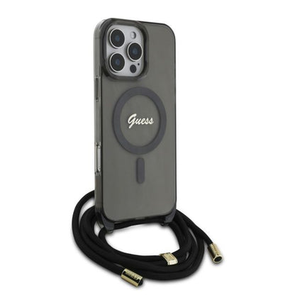 Ovitek MagSafe za Apple iPhone 16 Pro, Guess, IML Crossbody Cord Script, črn