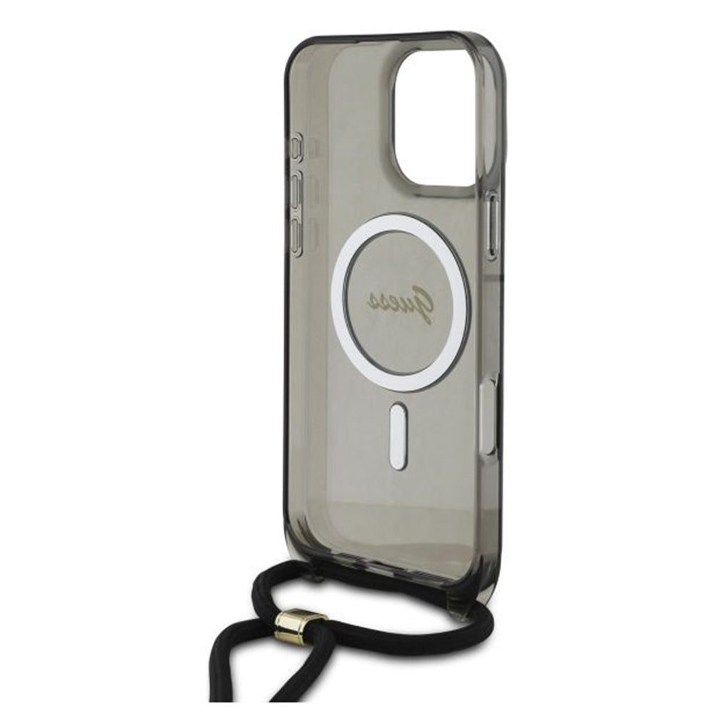 Ovitek MagSafe za Apple iPhone 16 Pro, Guess, IML Crossbody Cord Script, črn