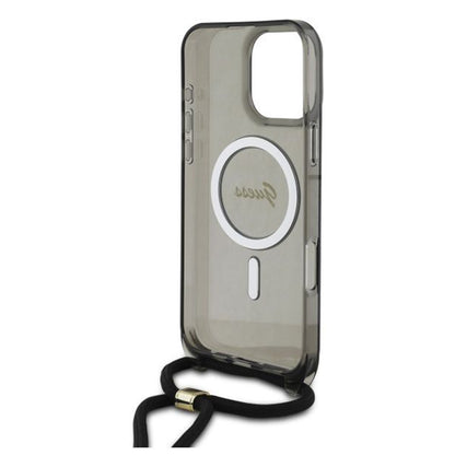 Ovitek MagSafe za Apple iPhone 16 Pro, Guess, IML Crossbody Cord Script, črn